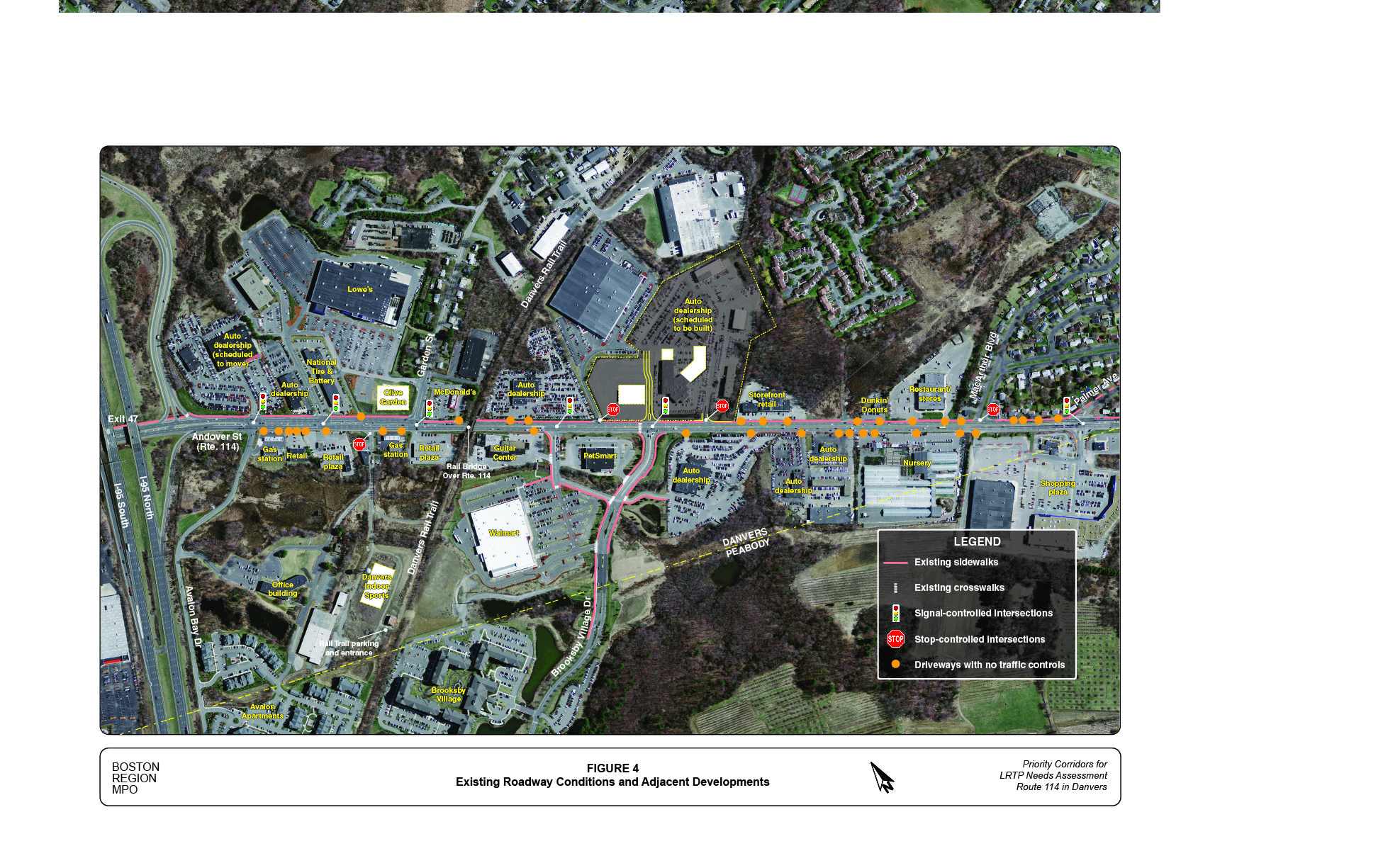 Figure 4 shows the existing traffic and pedestrian facilities, driveway locations, and adjacent developments in the study corridor.